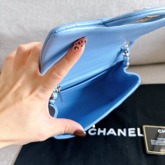 98% NEW CHANEL LAMB SKIN BABY BLUE SQUARE FLAP BAG - Picture 7 of 15